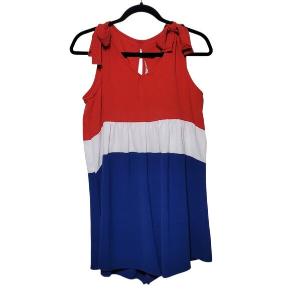 Haptics Pants - Haptics Patriotic Red White Blue Colorblock Romper Shoulder Ties Americana Small
